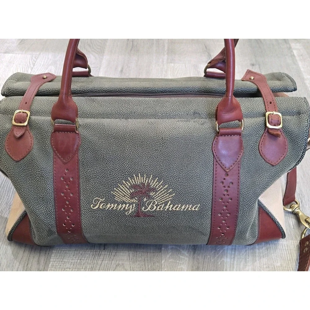 Vintage Tommy Bahama Mens Travel Duffel Bag Leather Green Beige Luggage Straps